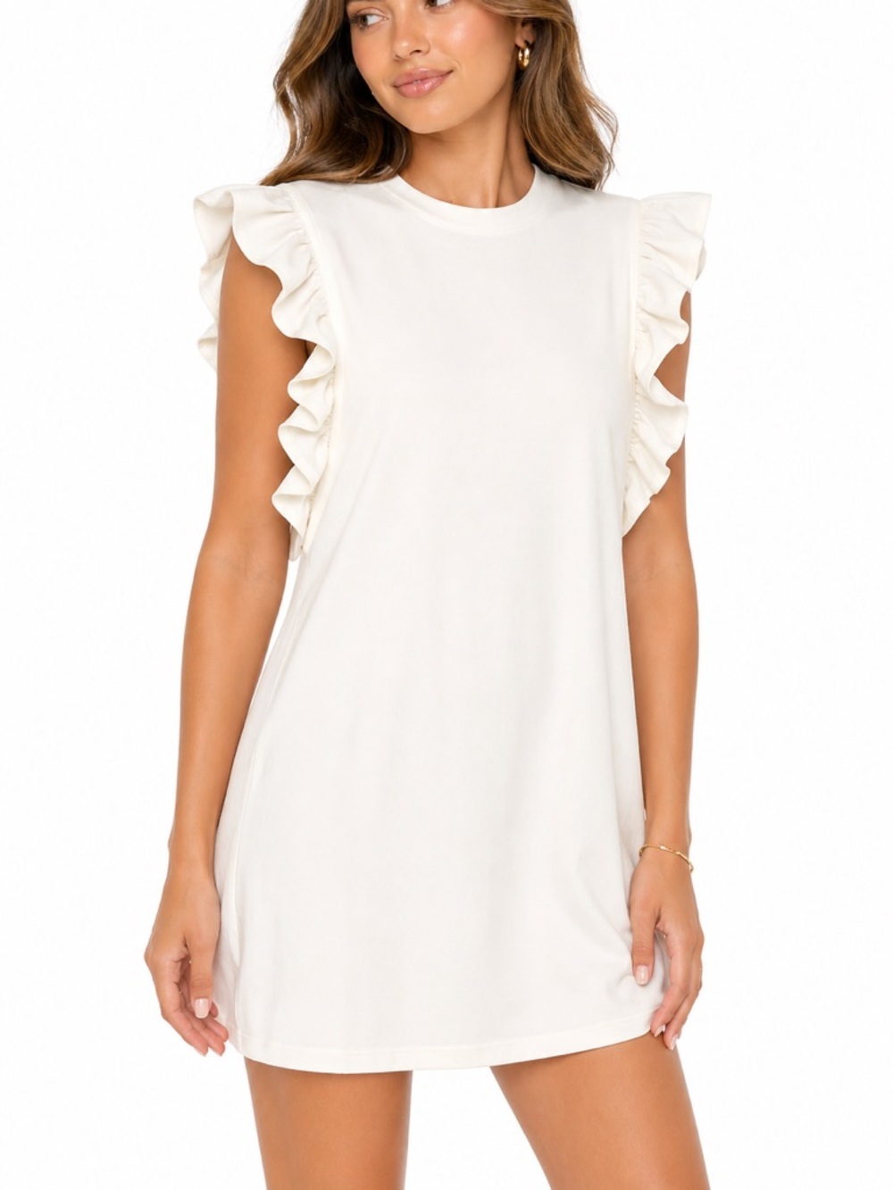 NWT TCEC Size Large Elegant White Ruffle Sleeve Boutique Dress
